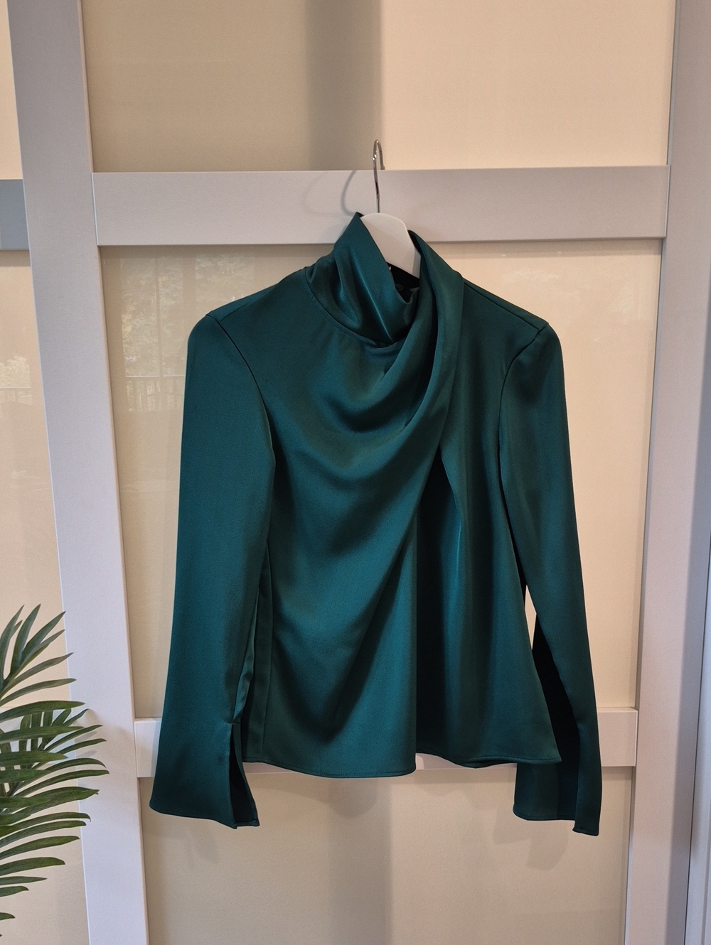 Emerald Green Draped High-Neck Satin Blouse